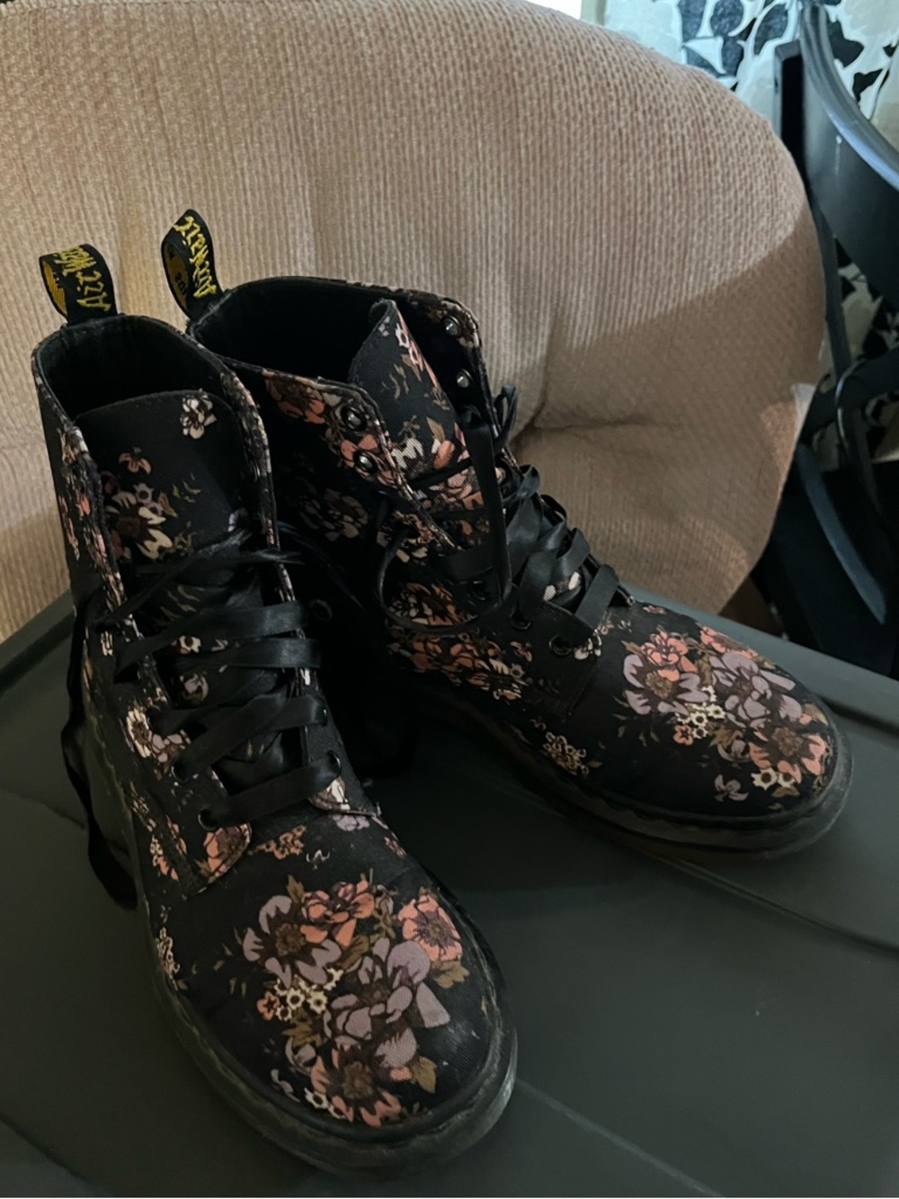 Dr. Martens ~Floral Lace-Up Combat Boots - Black with Pink Floral~ 8 - Picture 3 of 9